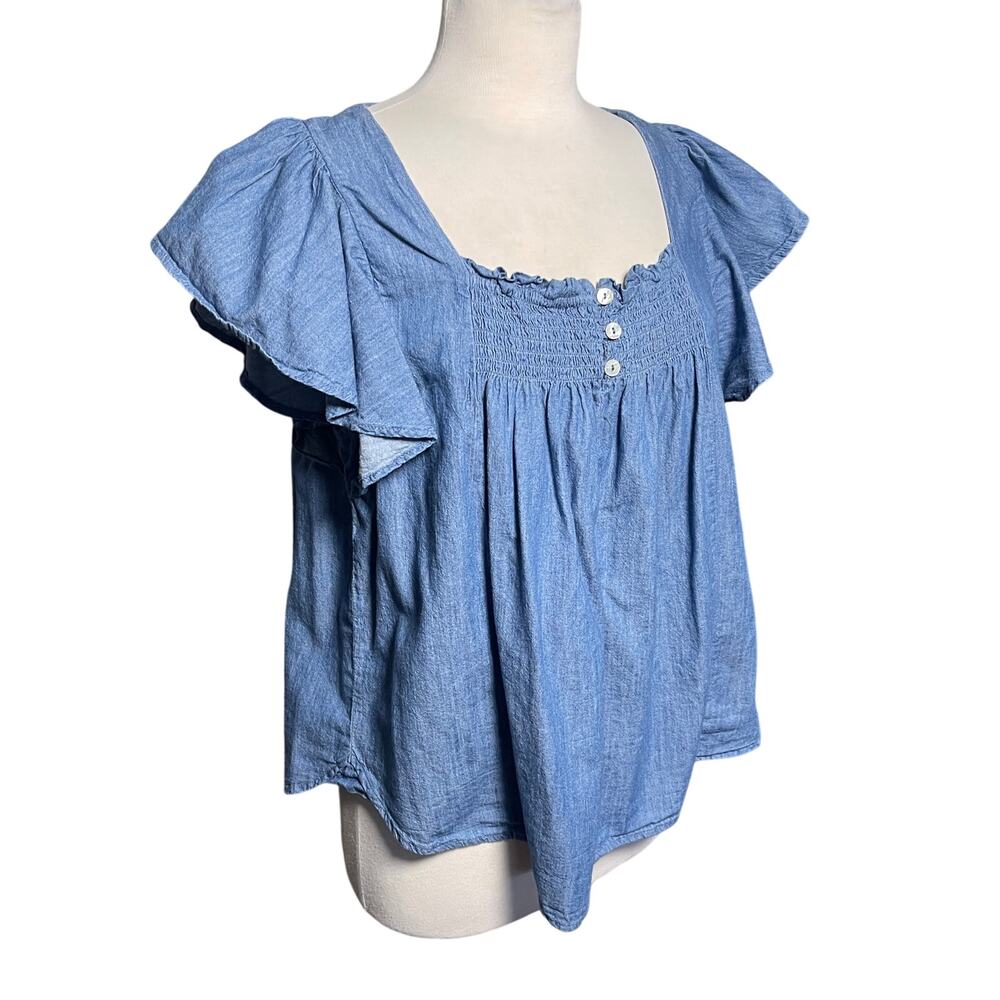DRAPER JAMES Women’s Ruffle Cap Sleeve Chambray Boho Peasant Top - Picture 3 of 5